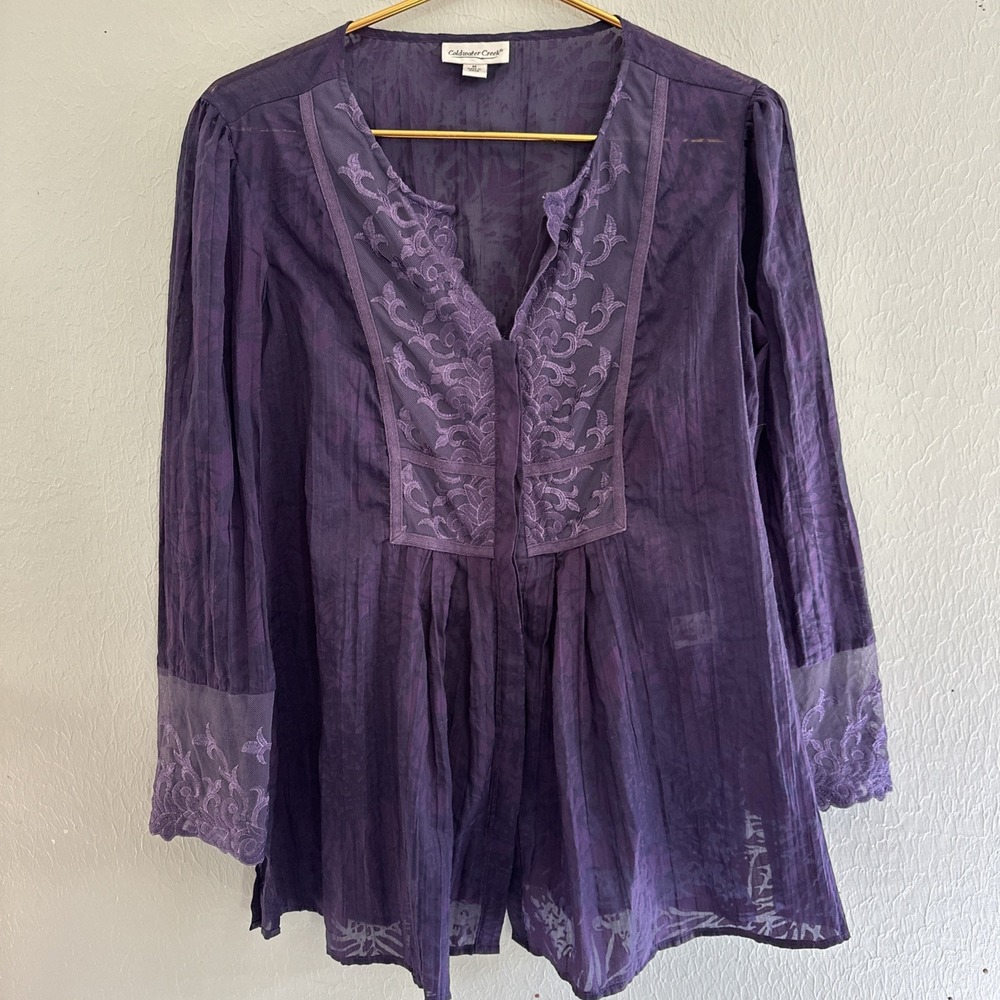 Dark Purple Long Sleeve Lace Trimmed Embroidered Blouse Coldwater Creek Sheer M
